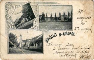 1901 Nagyatád, Zaborszky sarok, üzlet, Korona vendéglő, étterem, Városháza, Plébániatemplom. Art Nou...