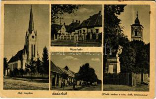 1943 Kadarkút, Református templom, Római katolikus templom, Hősök szobra, emlékmű, utca részlet (Rb)