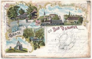 1904 Daruvár, Bad Daruvar; Kurpark, Ruine Biela, Kloster Pakra / spa, park, ruins, monastery, railway station, locomotive, train. Art Nouveau, floral, litho (EB)