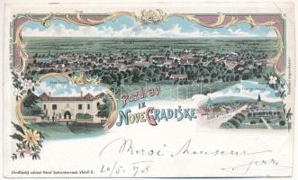 1898 (Vorläufer) Újgradiska, Novagradiska, Nova Gradiska; Grad Cernik, Trg Franje Josipa / castle, square. Art Nouveau, floral ,litho (vágott / cut)