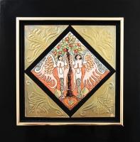 Radnai Zoltán (1960-): Szerelem. Tűzzománc, rézlap, jelzett, hátoldalán feliratozott, fakeretben, 15×15 cm