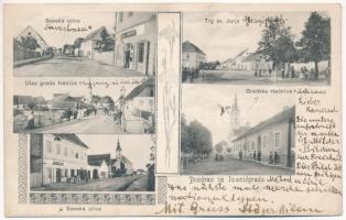 1905 Ivanic-Grad, Ivanicgrad; Gradska viecnica, Trg sv. Jurja, Savska ulica, Ulaz grada Ivanica / town hall, square, street view, shop of Jurkovic (publisher) (szakadás / tear)