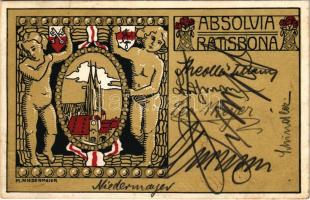 1911 Absolvia Ratisbona / Regensburg grammar school art postcard with signatures of students and the artist, coat of arms. Studentica, golden, litho. s: M. Niedermeier (EK)