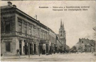 1917 Komárom, Komárno; Nádor utca, Szentháromság szobor, Pollák Lajos üzlete / street view, Holy Trinity statue, shops (EK)