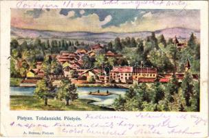 1900 Pöstyén, Piestany; Totalansicht / látkép, fürdő, komp. A. Bernas kiadása/ general view, ferry, spa (vágott / cut)