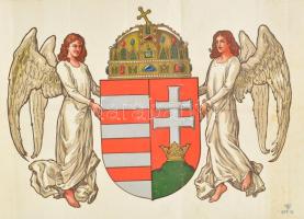 cca 1920 Angyalos címer Litográfia, hajtott, szakadt 54x38 cm