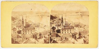 cca 1865 Budapest panoráma sztereókép a Lánchíddal, kis gyűrődéssel