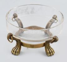 Antik üvegbetétes asztalközép kínáló, oroszlán mancsos lábakon, bronz, üveg, csorbával, d: 21 cm, m: 12 cm