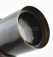 Régi távcső, "Erdélyi" felirattal, belső lencséje sérült, kopással, karton tokjában, h: 33...