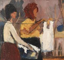 VGY jelzéssel, magyar festő, XX. sz. második fele: Mosónők. Olaj, vászon. Dekoratív fakeretben. 50x6...