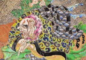 cca 1900 Satsuma nagy méretű kerámia dísztál, préselt és festett mintával, jelzés nélkül, kis kopott...