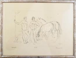 Borsos Miklós (1906-1990): Beszélgetés. Rézkarc, papír, jelzett, számozott (54/100), üvegezett faker...