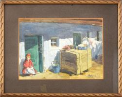Kövér Gyula (1883-1972): Miskolci udvar kislánnyal, 1910-es évek. Akvarell, papír, jelezve jobbra lent. Üvegezett fakeretben. 22x30 cm / watercolour on paper, signed, framed