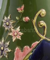 Szecessziós majolika váza, gazdag ornamentikus díszítéssel, inda formájú fülekkel, sorszámmal jelezv...