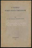 Dr. vitéz ákosfalvi Szilágyi László: A székely nemesi rendi társadalom. Bp., 1937, (Franklin-ny.), 88 p. Első kiadás. Kiadói papírkötés, kissé foltos borítóval, tulajdonosi névbejegyzéssel (Dr. Sándor Imre). A kötet szerzője, ákosfalvi vitéz dr. Szilágyi László (1897-1978) genealógus, Pest-Pilis-Solt-Kiskun vármegye tiszteletbeli főjegyzője, miniszteri tanácsos, a Johannita Lovagrend lovagja, a Pesti Református Egyházmegye világi tanácsbírája, valamint az Újpesti Református Egyház presbitere volt. A Magyar Heraldikai és Genealógiai Társaság igazgatósági választmányának tagjai közé tartozott. 1944 előtt a Belügyminisztérium referenseként a hivatalos, államilag igazolt nemességi igazolásokat intézte.