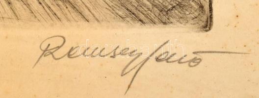 Remsey Jenő (1885-1970): Faluvége. Rézkarc, papír, jelzett. Kissé foltos. Üvegezett fakeretben, 19,5...