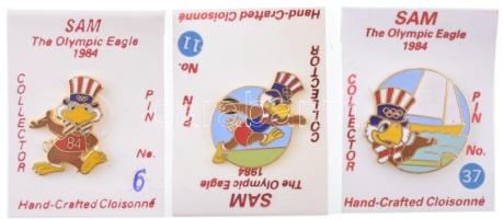 Amerikai Egyesült Államok 1984. "Sam az olimpiai sas - Los Angeles" zománcozott fém jelvény eredeti, számozott műanyag lapokon (3xklf: 6, 11, 37) T:UNC,AU USA 1984. "Sam the Olympic Eagle - Los Angeles" enamelled metal badges on original, numbered plastic sheets (3xdiff: 6, 11, 37) C:UNC,AU