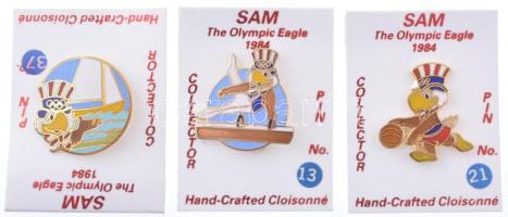 Amerikai Egyesült Államok 1984. "Sam az olimpiai sas - Los Angeles" zománcozott fém jelvény eredeti, számozott műanyag lapokon (3xklf: 13, 21, 37) T:UNC,AU USA 1984. "Sam the Olympic Eagle - Los Angeles" enamelled metal badges on original, numbered plastic sheets (3xdiff: 13, 21, 37) C:UNC,AU