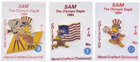 Amerikai Egyesült Államok 1984. "Sam az olimpiai sas - Los Angeles" zománcozott fém jelvény eredeti, számozott műanyag lapokon (3xklf: 7, 9, 17) T:UNC,AU USA 1984. "Sam the Olympic Eagle - Los Angeles" enamelled metal badges on original, numbered plastic sheets (3xdiff: 7, 9, 17) C:UNC,AU