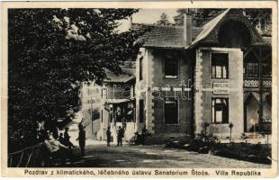 1932 Stószfürdő, Stoósz-fürdő, Kúpele Stós; Pozdrav z klimatického, lécebného ústavu Sanatorium. Villa Republika. Riaditelstvo / szanatórium, Republika villa, Igazgatóság épülete / sanatorium, villa, spa (szakadás / tear)