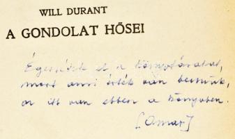 Will Durant: A gondolat hősei. A magyar filozófusokról szóló részt írta Halasy Nagy József. Fordítot...