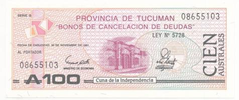 Argentína / Tucuman DN (1989.) 100A helyi bankjegy T:UNC Argentina / Tucuman ND (1989.) 100 Austral local banknote C:UNC Krause P#S2715