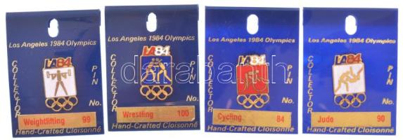 Amerikai Egyesült Államok 1984. "Sportágak - Los Angeles" zománcozott fém olimpiai jelvény eredeti, számozott műanyag lapokon (4xklf: 84, 90, 99, 100) T:UNC,AU USA 1984. "Sports - Los Angeles" enamelled Olympic metal badges on original, numbered plastic sheets (4xdiff: 84, 90, 99, 100) C:UNC,AU