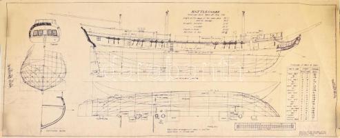 Az 1782-ben vízre bocsátott USS Rattlesnake hajó tervrajza, modern reprodukció, feltekerve, 102,5x40,5 cm