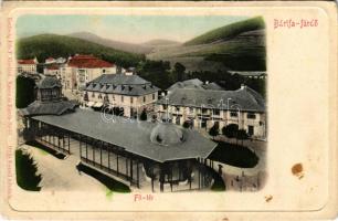 1902 Bártfa, Bártfafürdő, Bardejovské Kúpele, Bardiov, Bardejov; Fő tér, forrás, vendéglő. Eschwig Ede F. kiadása / main square, main spring source (fl)