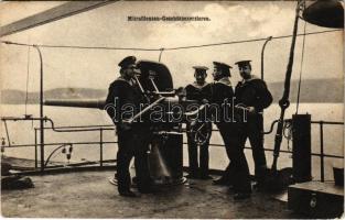 Osztrák-magyar haditengerészet matrózai lőgyakorlat közben a fedélzeten, gépfegyver / K.u.k. Kriegsmarine Mitrailleusen Geschützexerzieren / Austro-Hungarian Navy mariners&#039; shooting practice on board, machine gun. G. Fano, Pola, 1910-11. (fl)