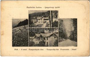 1925 Stószfürdő, Stoósz-fürdő, Kúpele Stós; Pole, Kompordayho dom, Promenáde, Riaditelská budova / A mező, Koporday ház, sétaút., Igazgatósági épület. Stószgyógyfürdő igazgatóságának kiadása / field, villa, promenade, spa directorate (ázott /wet damage)