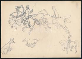 Tóth Gyula (1891-1970), 3 db mű: Lovas és katonai témájú rajzok. Ceruza, papír, jelzés nélkül, egy t...