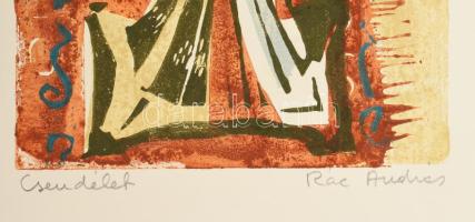 Rác András (1926-2013): Csendélet. Színes linómetszet, papír, jelzett, lapszéli apró szakadással, 35...