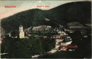 1907 Szklenófürdő, Sklené Teplice; látkép a templommal / general view with church (szakadás / tear)