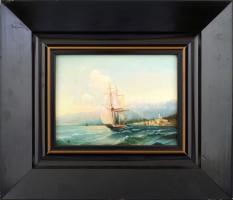 Monika Bończa-Tomaszewska (?-), XX. sz. vége: Kétárbócos vitorlás. Olaj, farost. Jelezve balra lent....