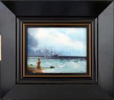 Monika Bończa-Tomaszewska (?-), XX. sz. vége: Kétárbócos vitorlás és a várakozó tengerész. Olaj, far...