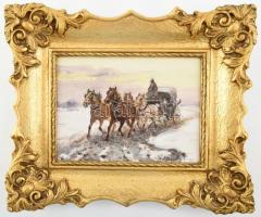 Włodzimierz Rutkowski (1915-1992): Lovaskocsi a hóban. Olaj, farost, jelezve jobbra lent. Dekoratív ...