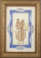 Közel-keleti szignózott miniatúra (20x10 cm), berakásokkal rendkívül gazdagon díszített üvegezett ke...