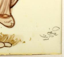 Közel-keleti szignózott miniatúra (20x10 cm), berakásokkal rendkívül gazdagon díszített üvegezett ke...