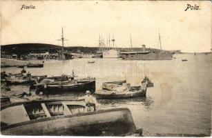 Pola, Fisella, SMS SPALATO osztrák-magyar Zara-osztályú torpedóhajója (őrhajója) a kikötőben / K.u.K. Kriegsmarine Torpedoboot / Austro-Hungarian Navy torpedo boat. K. Ledermann 1906.