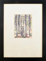 Olvashatatlan jelzéssel: Útban a piacra. Filctoll, papír. Üvegezett fakeretben, 22×17 cm