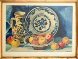 Pattantyus Károly (1906-1987): Erdélyi csendélet korondi kerámiákkal, 1970. Akvarell, papír. Jelezve...