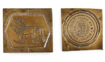 2 darab régi bronz nyomóforma, közte "Magyar Kir. Dohány Jövedék általános Eladás", 4x4, 4x4,5 cm