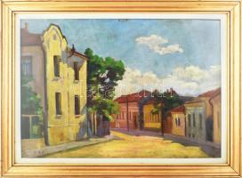 Ács Ferenc (1876-1949): Kolozsvári utca. Olaj, karton. Jelezve balra lent. 50x72 cm. Üvegezett fakeretben. / Ács Ferenc (1876-1949): Street in Cluj. Oil on board. Signed lower left. 50x72 cm. Framed.