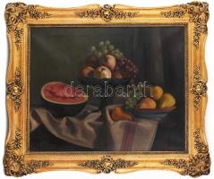 Mikola András (1884-1970): Asztali csendélet gyümölcsökkel. Olaj, vászon. Jelezve jobbra lent. Dekoratív fakeretben. 55x68 cm / oil on canvas, signed, framed.