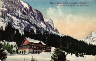 Tátra, Magas-Tátra, Vysoké Tatry; Zerge szálló a Tarpataki-völgyben télen. Cattarino S. utóda Földes Samu kiadása / Gasthaus zur Gemse im Kolbachtal / rest house in winter (ragasztónyom / gluemark)