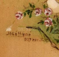 Joláthyné jelzéssel: Napernyős hölgy pávával, 1927. Akvarell, selyem. Dekoratív. üvegezett, sérült f...