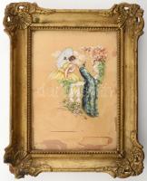 Joláthyné jelzéssel: Napernyős hölgy pávával, 1927. Akvarell, selyem. Dekoratív. üvegezett, sérült f...
