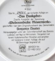 Kaiser porcelán fali dísztányér, Benjamin Vautier - "Das Dankgebet" mintával. Matricás, je...