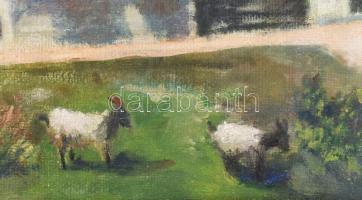 Jelzés nélkül: Napfényes utca sétálókkal. Olaj, vászon, kartonon. Hátoldalán régebbi BÁV címkével. 4...